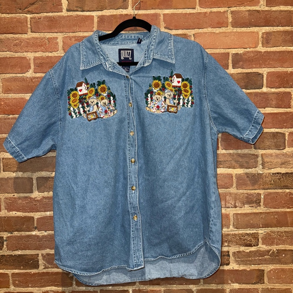Quizz Blue Denim Women's Button Down Shirt with‎ Embroidery